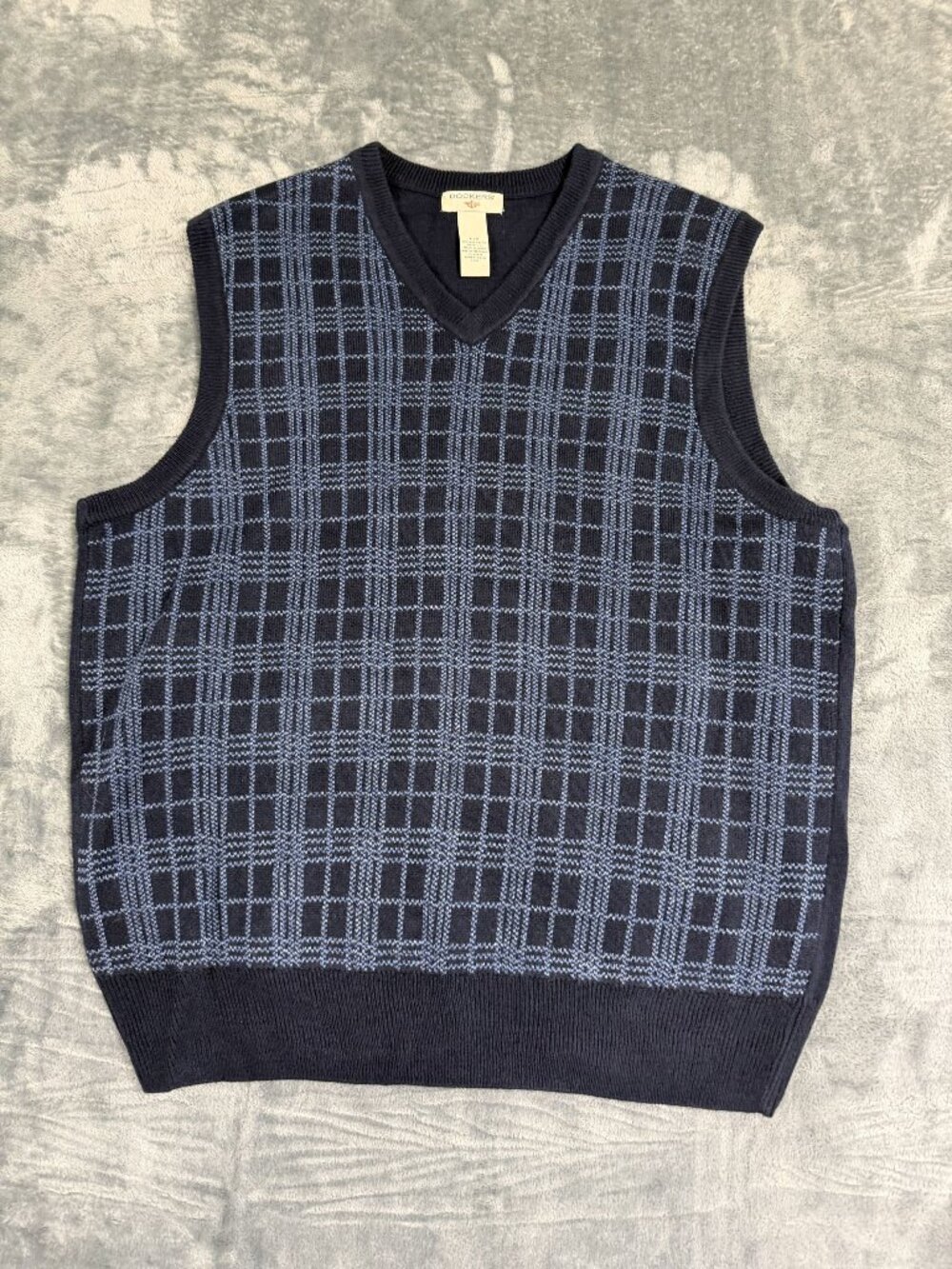 Dockers Mens Large Sweater Vest Navy Blue Checkered V-Neck